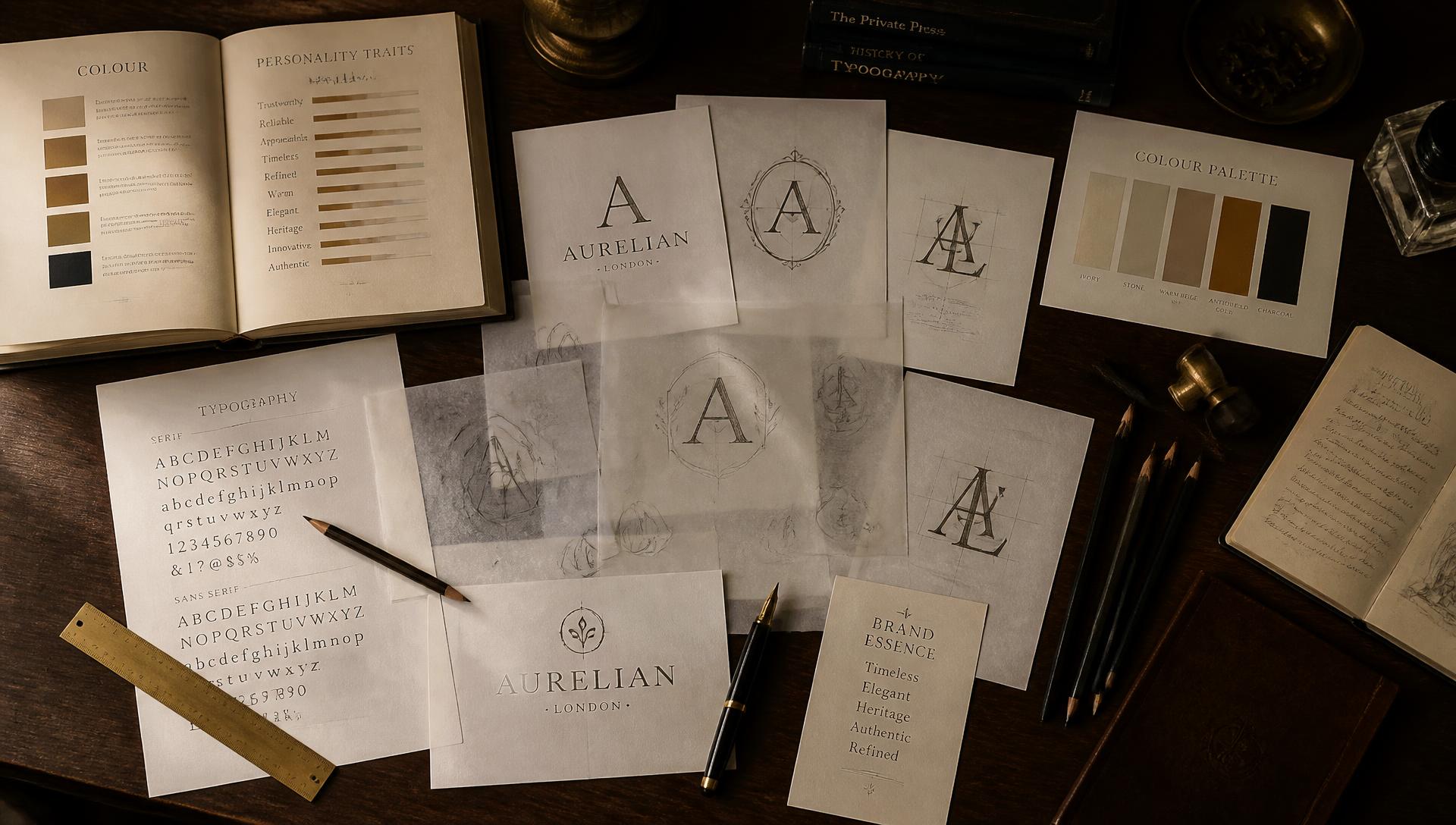 Overhead view of a library table spread with brand sketches, type specimens and colour palettes