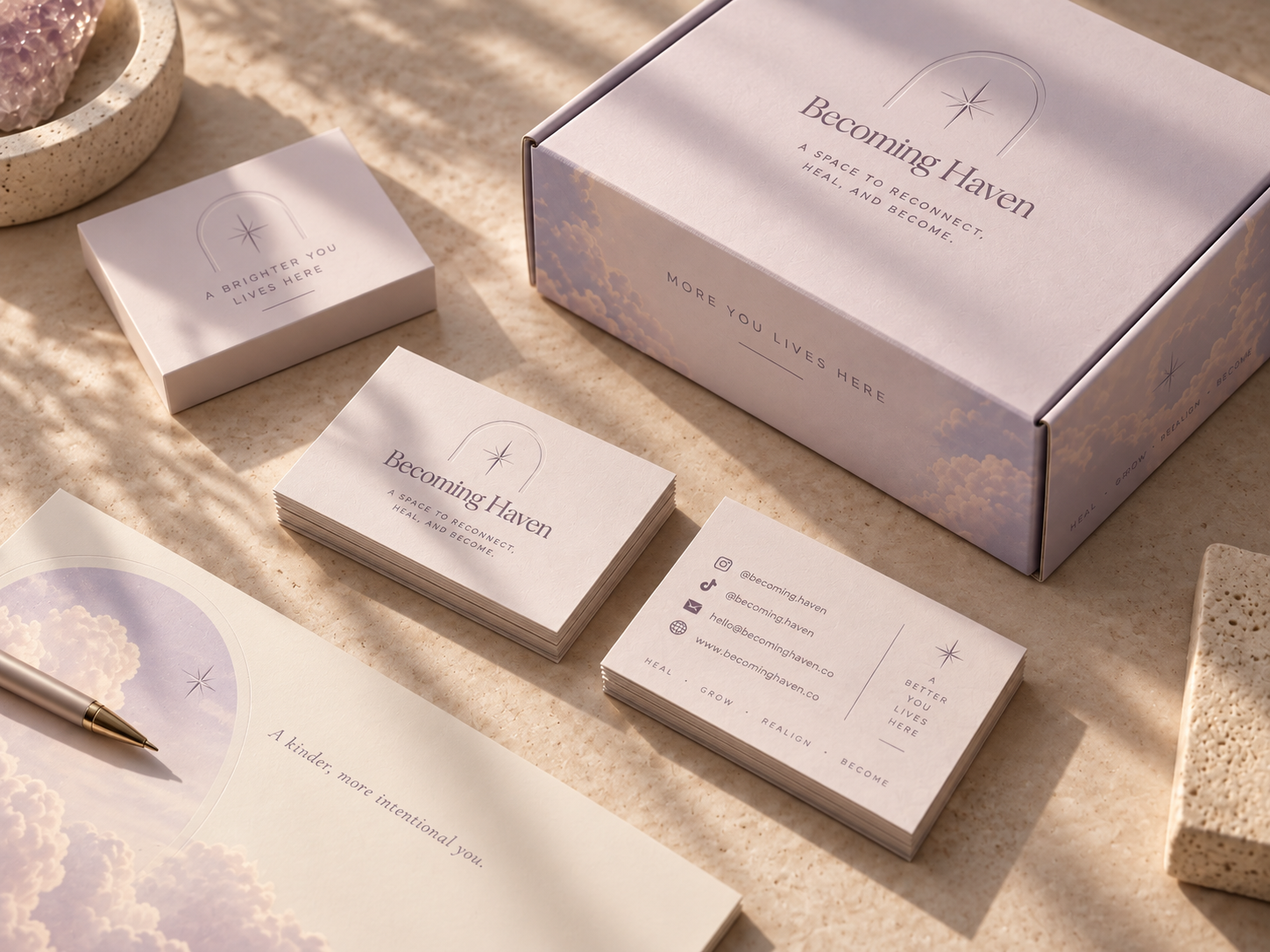 Brand collateral and stationery in warm stone tones