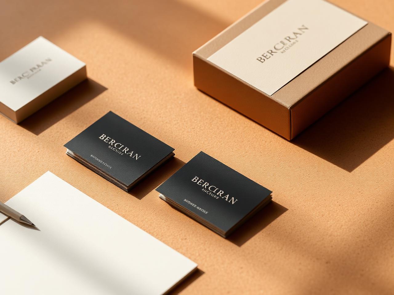Brand collateral and stationery in warm stone tones